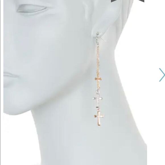 NEW - AREA STARS Mini Cross Triple Layer 3 tone Earrings dangly silver & gold - Picture 2 of 6